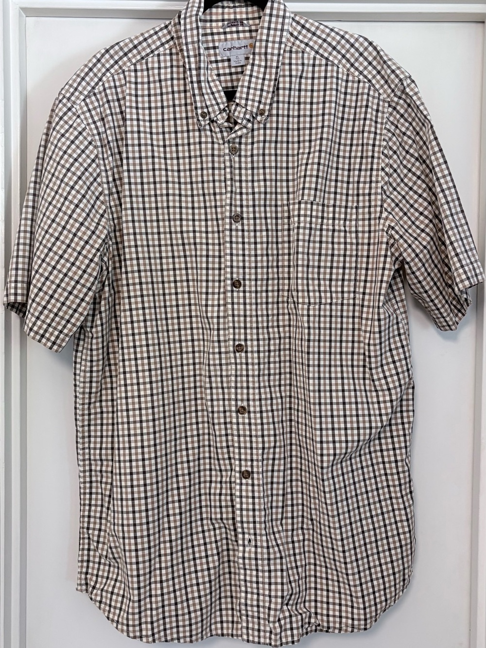Carhartt Men's Short-Sleeve Button-Down Plaid Shirt in Beige and Brown